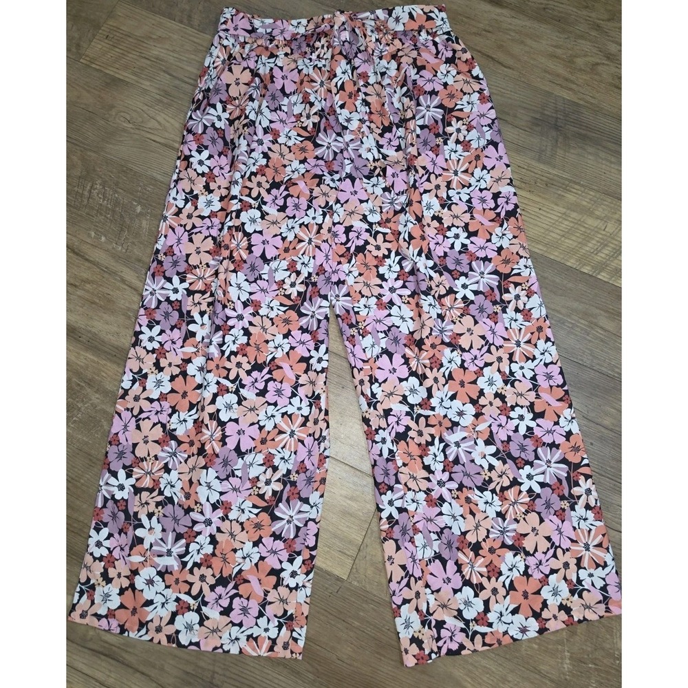 Floral Wide Leg Palazzo Pants Multicolor High Rise Elastic Waist 2XL